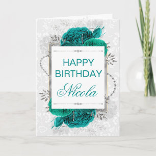 Eleganta Tealrosor & Silverglitter Födelsedag Kort