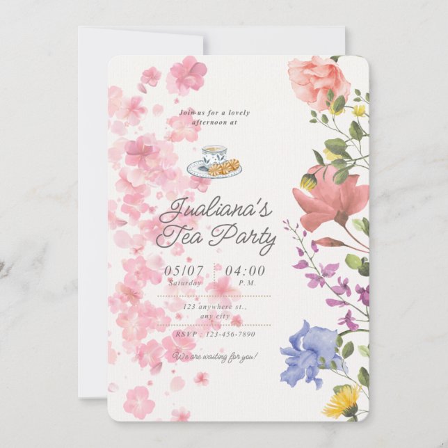 Eleganta Tekaffestvibbar – Vintage Blommig Stil Inbjudningar (Framsida)