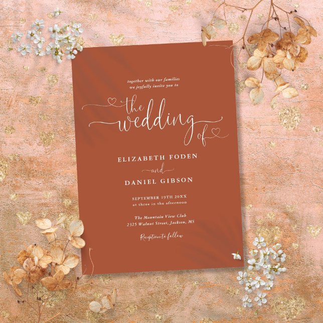 Eleganta Terrakotta Hjärtan Kalligrafi Bröllop Inbjudningar (Elegant Terracotta Hearts Calligraphy Wedding Invitation)