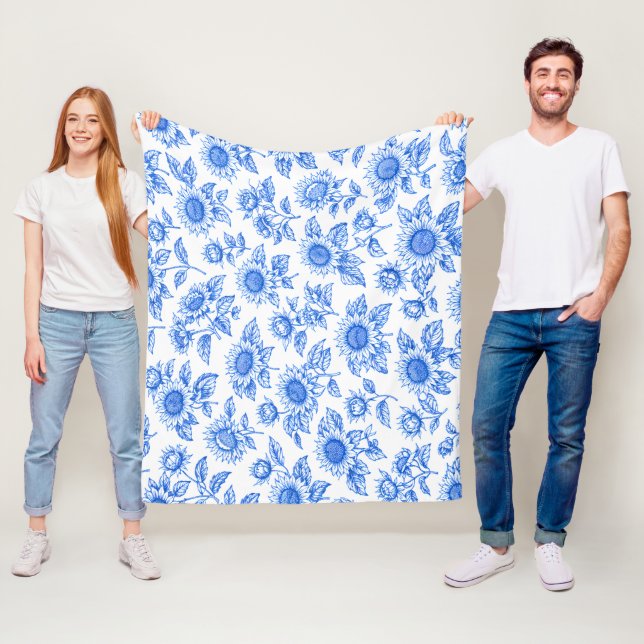 Eleganta Toile du Jouy Solros – Blå Botanisk Fleecefilt (På plats)
