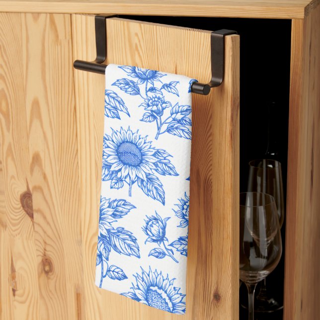 Eleganta Toile du Jouy Solrosor – Blå Botanisk Kökshandduk (Thirds Fold)