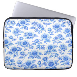 Eleganta Toile du Jouy Solrosor – Blå Botanisk Laptop Fodral