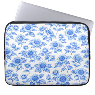 Eleganta Toile du Jouy Solrosor – Blå Botanisk Laptop Fodral