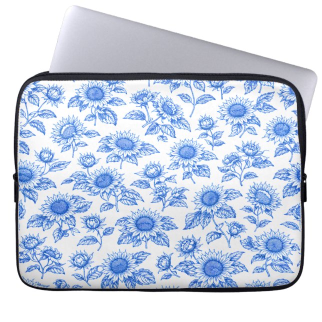 Eleganta Toile du Jouy Solrosor – Blå Botanisk Laptop Fodral (Framsidan)
