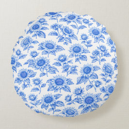 Eleganta Toile du Jouy Solrosor – Blå Botanisk Rund Kudde