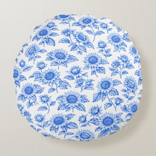 Eleganta Toile du Jouy Solrosor – Blå Botanisk  Rund Kudde (Framsidan)