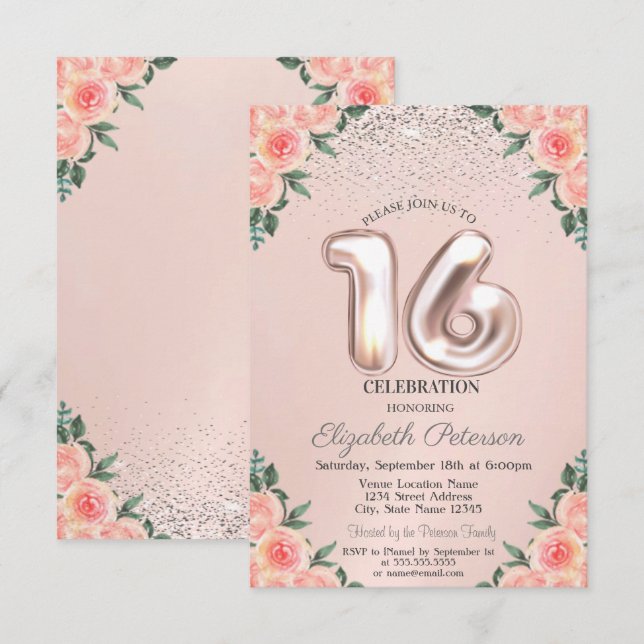 Eleganta Trendiga Konfetti Blommor Sweet 16 Inbjudningar (Fram/baksida)