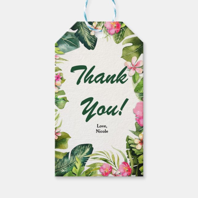 Eleganta Tropiker Gröna Blad Blommig Akvarell Presentetikett (Framsidan)