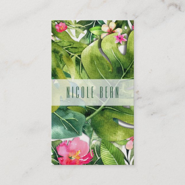 Eleganta Tropiker Gröna Blad Blommig Akvarell Visitkort (Framsida)