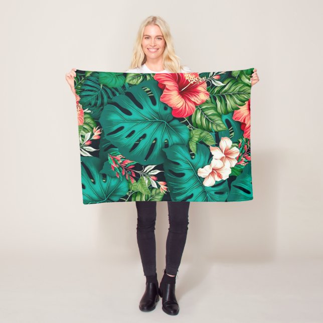Eleganta tropiska blad och hibiskusblommor | fleecefilt (På plats)