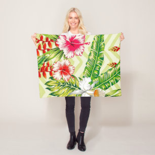 Eleganta tropiska blad och hibiskusblommor fleecefilt