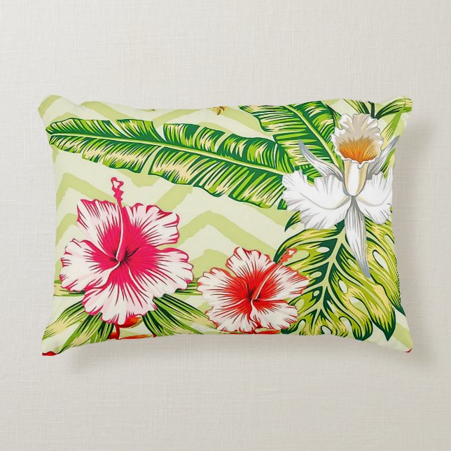 Eleganta tropiska blad och hibiskusblommor | prydnadskudde (Framsidan)