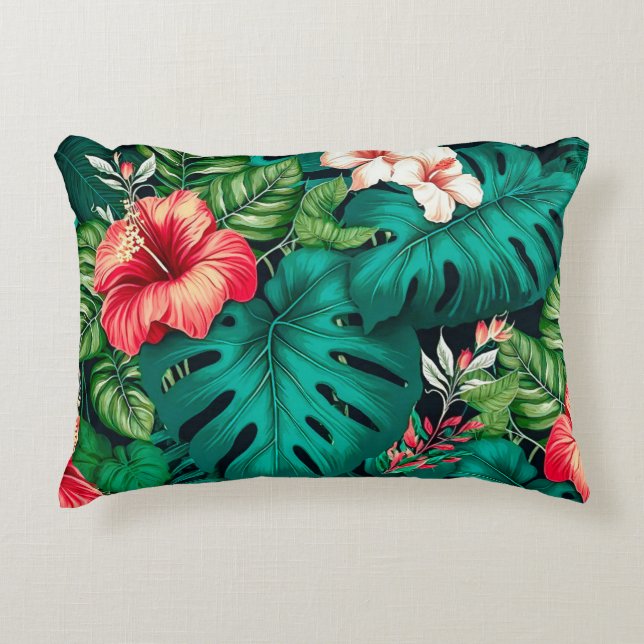 Eleganta tropiska blad och hibiskusblommor | prydnadskudde (Framsidan)