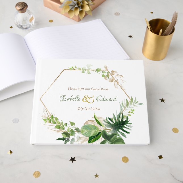 Eleganta Tropiska Gröna Akvarell Monstera Blad  Gästböcker (Framsida Öppen)