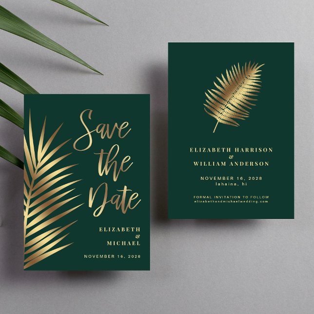 Eleganta tropiska palmblad gröna guld spara datumet (Our user-friendly template allows you to easily tailor the save the date announcement to your event)