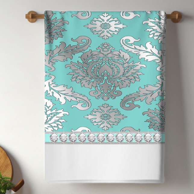 Eleganta turkosa damastköks handdukar (Pretty teal blue and silver diamond kitchen towel. You can add text to personalize.)
