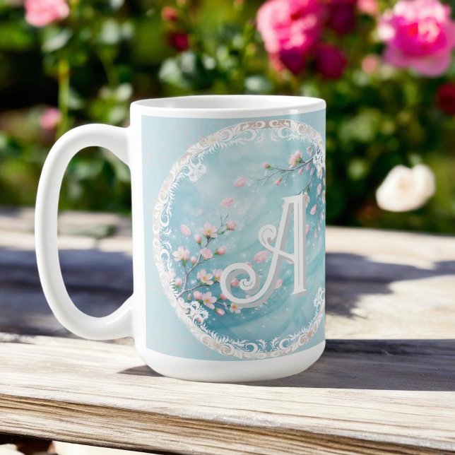Eleganta turkosa rosa körsbärsblom initialer  kaffemugg (Skapare uppladdad)