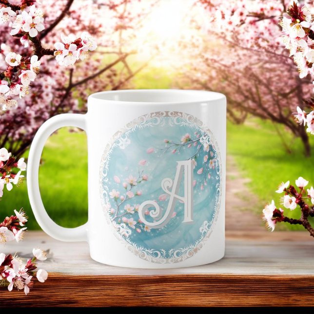 Eleganta turkosa rosa körsbärsblom initialer  kaffemugg (Skapare uppladdad)