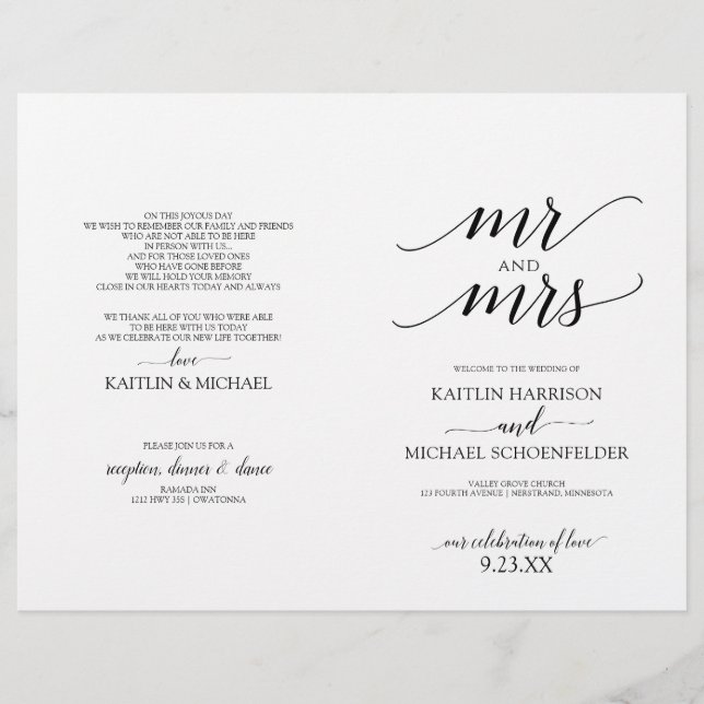 Eleganta typografi bröllopsprogram i svart (Framsida)