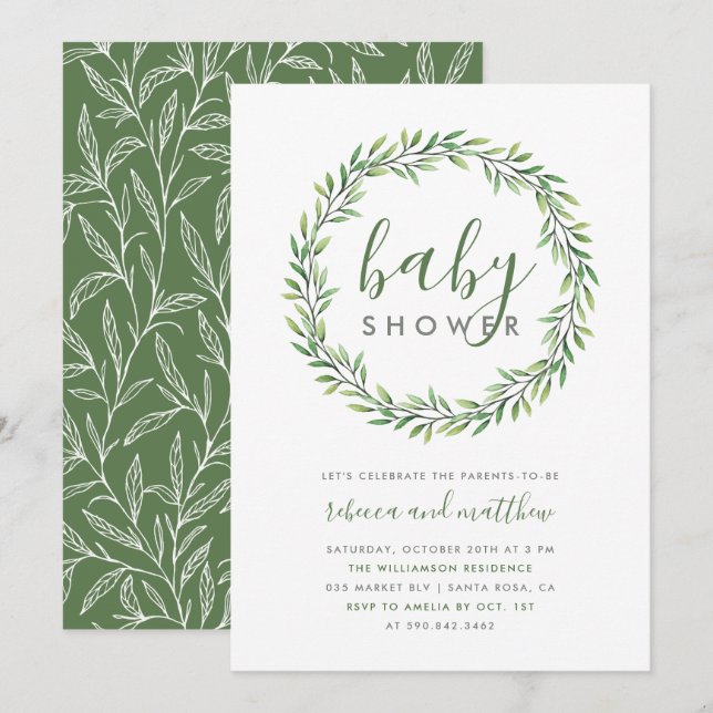 Eleganta typografi- & grönskapars baby shower inbjudningar (Fram/baksida)
