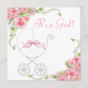 Eleganta vagn rosa ros baby shower inbjudningar