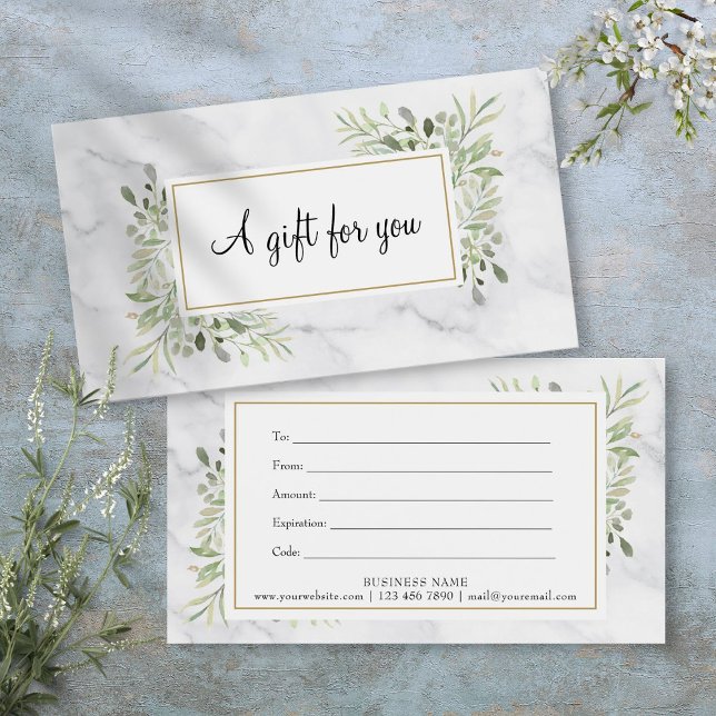 Eleganta vårblad marmor presentkort visitkort (Elegant Spring Leaves Marble Gift Certificate)