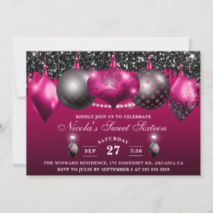 Eleganta varma rosa & svarta glitterkulor Sweet 16 Inbjudningar