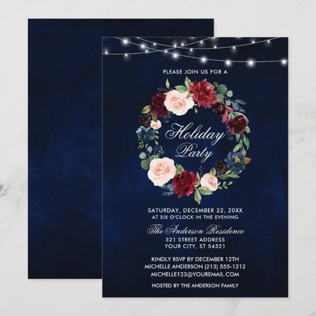 Eleganta vattenfärg blommig julfestbelysning inbjudningar (Fram/baksida)