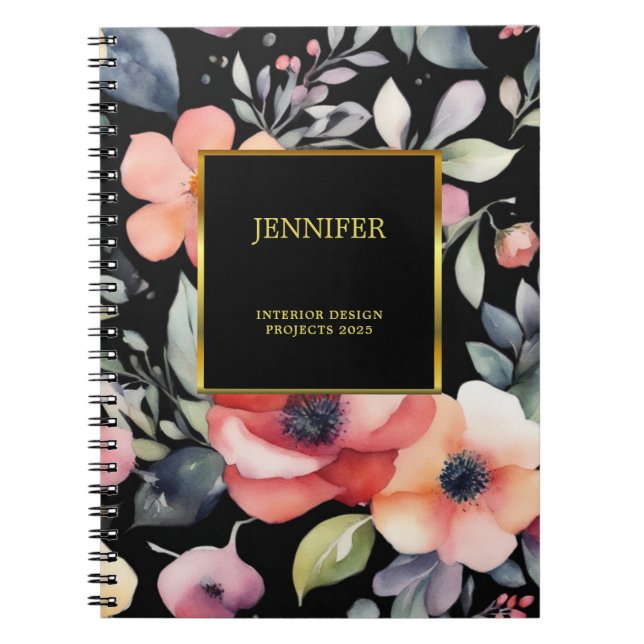 Eleganta vattenfärg blommor svart guld professione anteckningsbok (Framsidan)