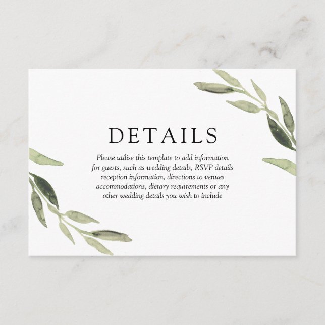 Eleganta vattenfärg Gröna blad Bröllopsdetaljer Tilläggskort (Framsida)
