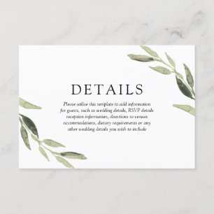 Eleganta vattenfärg Gröna blad Bröllopsdetaljer Tilläggskort