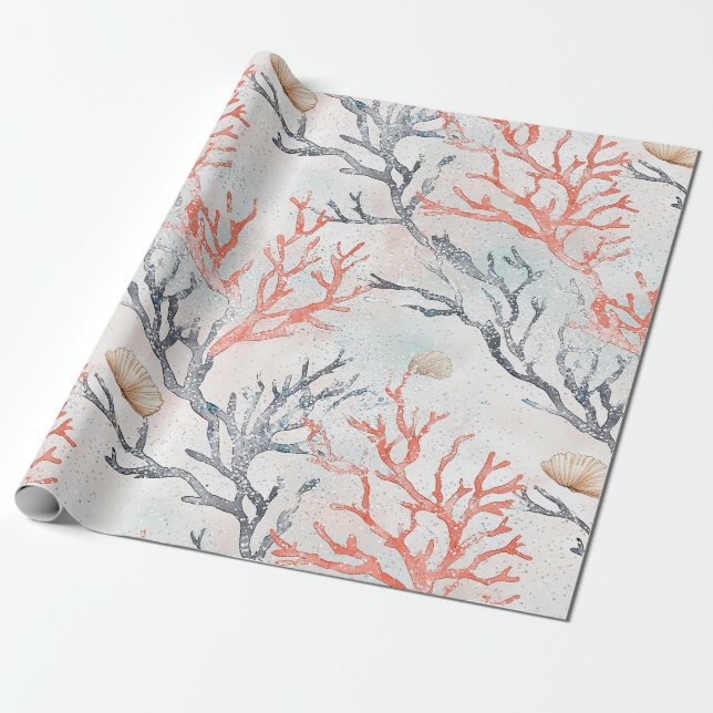 Eleganta vattenfärg Korallgrenar & Havsvågor Presentpapper (Utrullad)