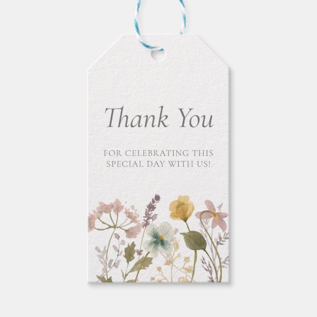 Eleganta vattenfärg pressade blommor bröllop tack presentetikett (Framsidan)