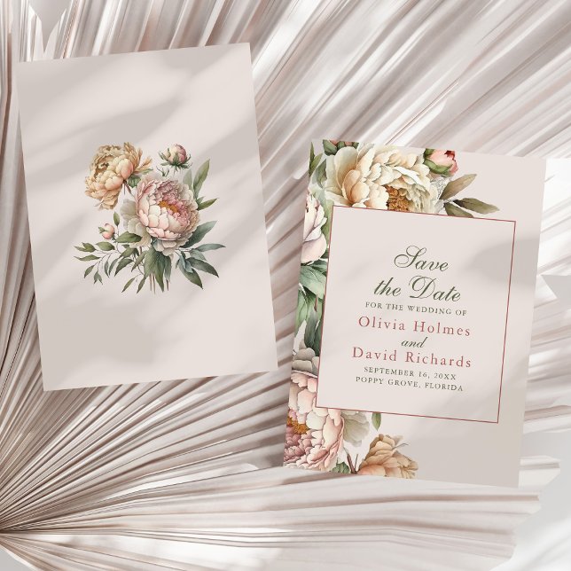 Eleganta vattenfärg rosa peonior bröllop spara datumet (Elegant Watercolor Blush Pink Peonies Wedding Save The Date on a sunny neutral dry palm leaf.)