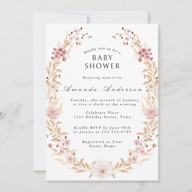 Eleganta vilda blommor baby shower inbjudningar (Framsida)