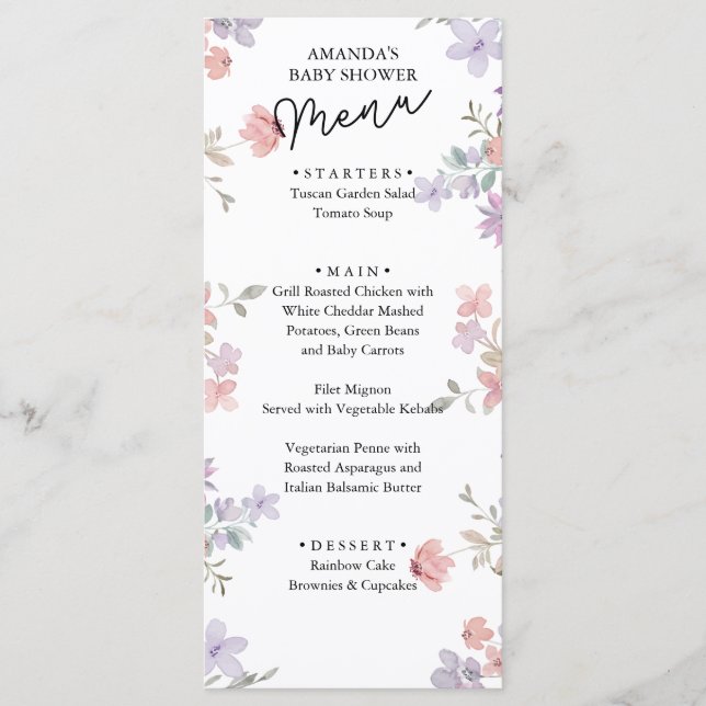Eleganta vilda blommor baby shower  meny (Framsida)