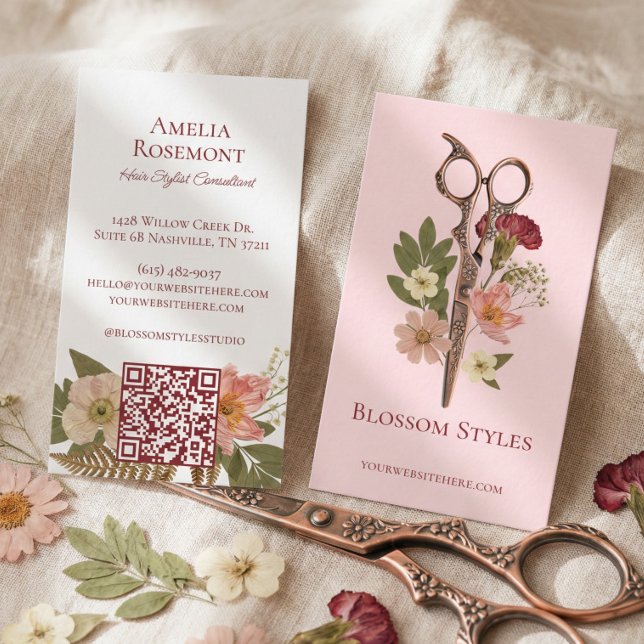Eleganta Vildblomma Blommiga Frisör Saxar Visitkort (Elegant Wildflower Floral Hair Stylist Scissors Business Card)