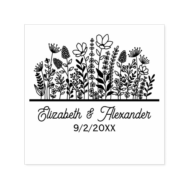 Eleganta vildblommor #2 Brudpar Namn Datum Självfärgande Stämpel (Design)