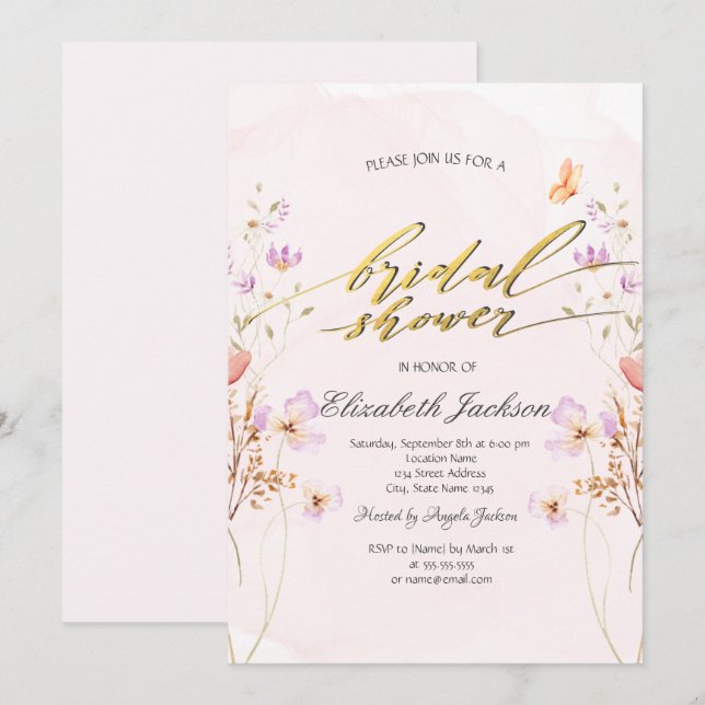 Eleganta vildblommor fjärilar Bröllopsdusch  Inbjudningar (Fram/baksida)