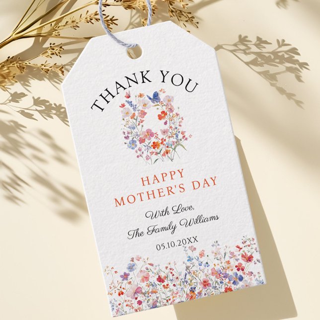Eleganta vildblommor Mors dag Tack Presentetikett (Elegant colorful wildflowers Mother's Day Thank you tag)