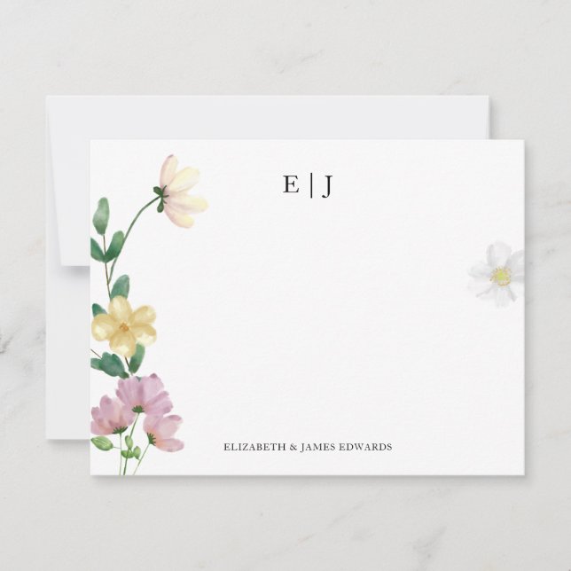 Eleganta vildblommor Par Initialer Blommig Anteckningskort (Framsida)