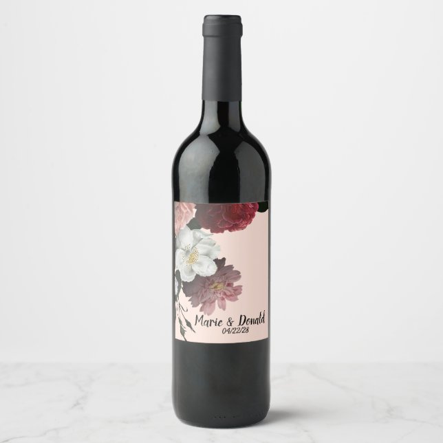 Eleganta vinröda och rosa blommor vinflaska etikett (Framsida)