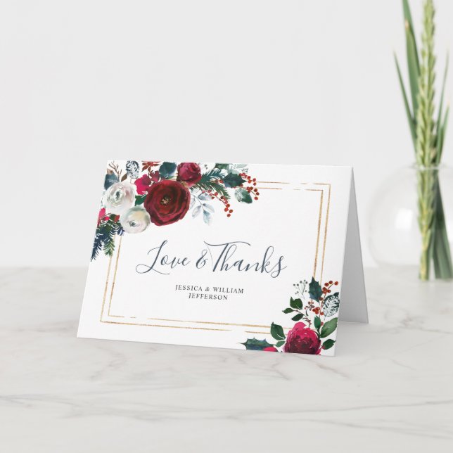 Eleganta vinröda vinterrosor grönska tack kort (Framsida)