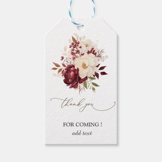 Eleganta vinröda vita blommor rosor presentkort presentetikett (Framsidan)