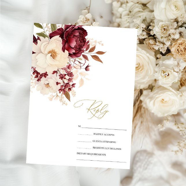 Eleganta vinröda vita blommor RSVP Inbjudningar (Skapare uppladdad)