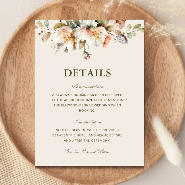 Eleganta Vintage Blommiga Botaniska Bröllopsdetalj Tilläggskort (Elegant vintage floral botanical wedding details enclosure card with graceful vintage charm.)