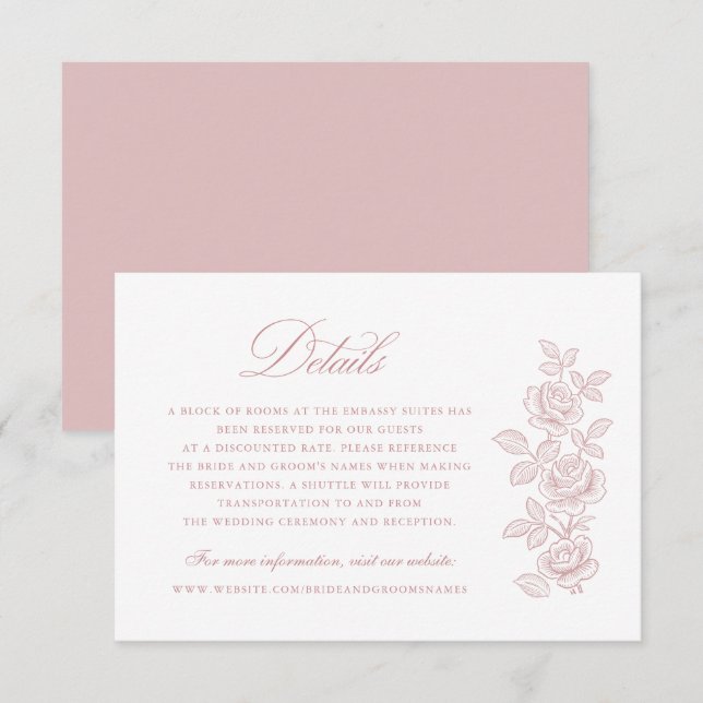 Eleganta Vintage Blommiga Rosa Bröllopsdetaljer Inbjudningar (Fram/baksida)