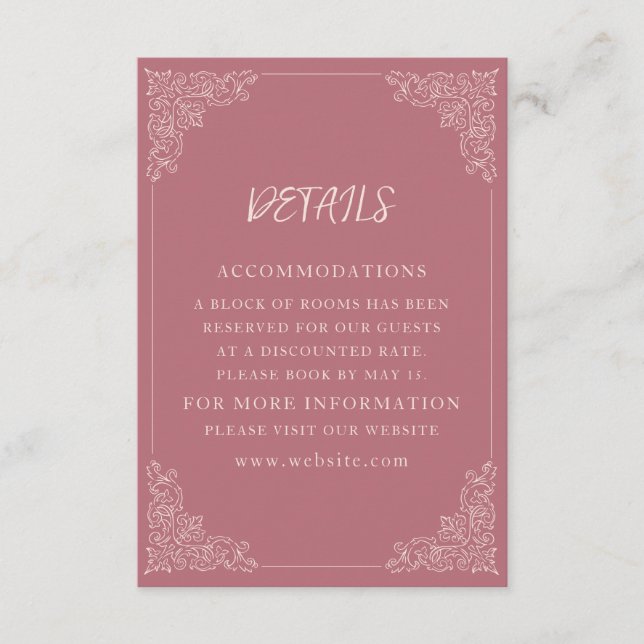 Eleganta Vintage Blush Mauve Bröllopsdetaljer Tilläggskort (Framsida)