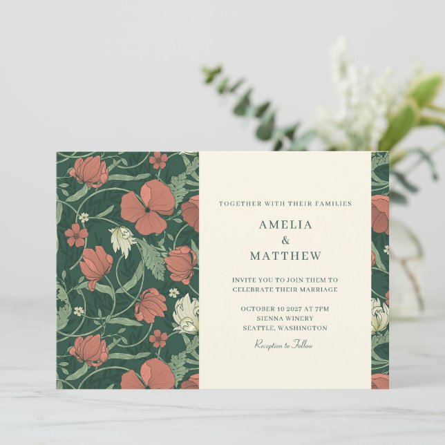 Eleganta vintage gröna botaniska blommor bröllop  inbjudningar (Stående Fram)