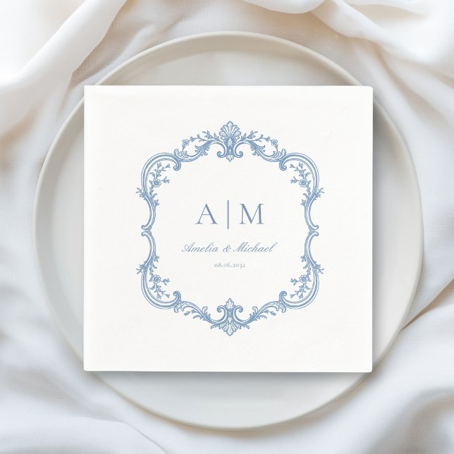  Eleganta vintage-monogramming bröllopsservetter   Pappersservett (Elegant Vintage Monogram Wedding White Powderblue Napkins)
